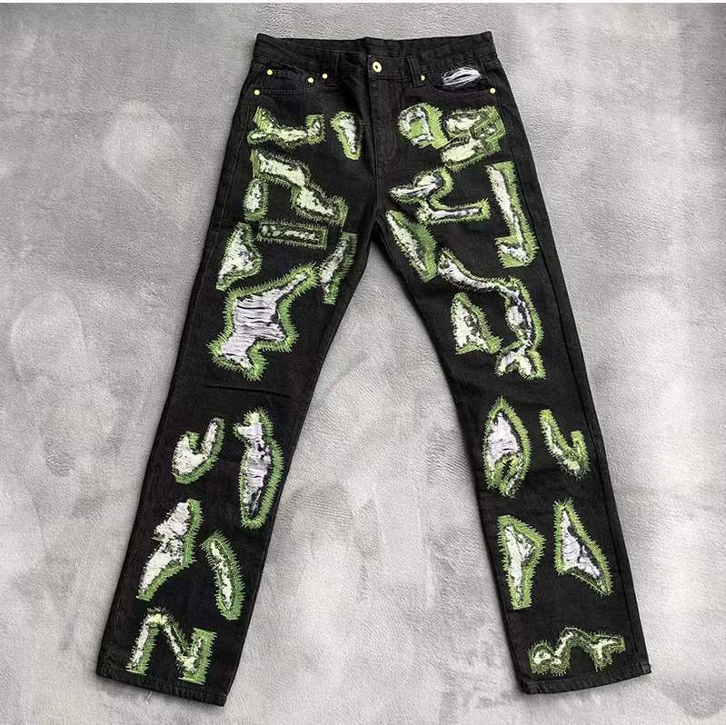 Mens Jeans Heavy Craft Washed Broken Embroidered Alphabet High Street Black Men Women Unisex 230329