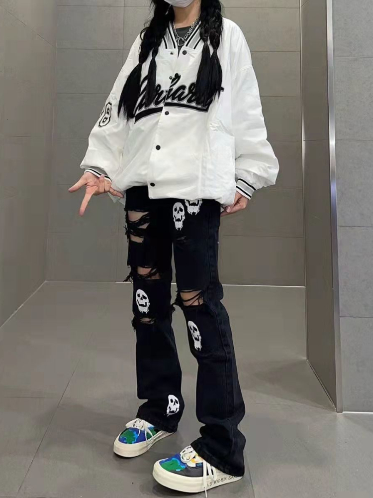 Womens Jeans Grunge Retro Black Pants Hollow Out 80s Aesthetic Vintage Gothic Streetwear Skull Blue Distressed Denim Trousers 230329