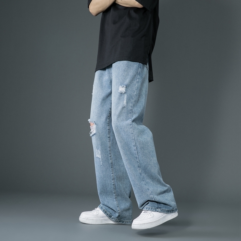 Men's Jeans Spring Summer Men's Ripped Wide Leg Jeans Korean Trend Straight Baggy Denim Pants Male Vintage Blue Trousers 230329