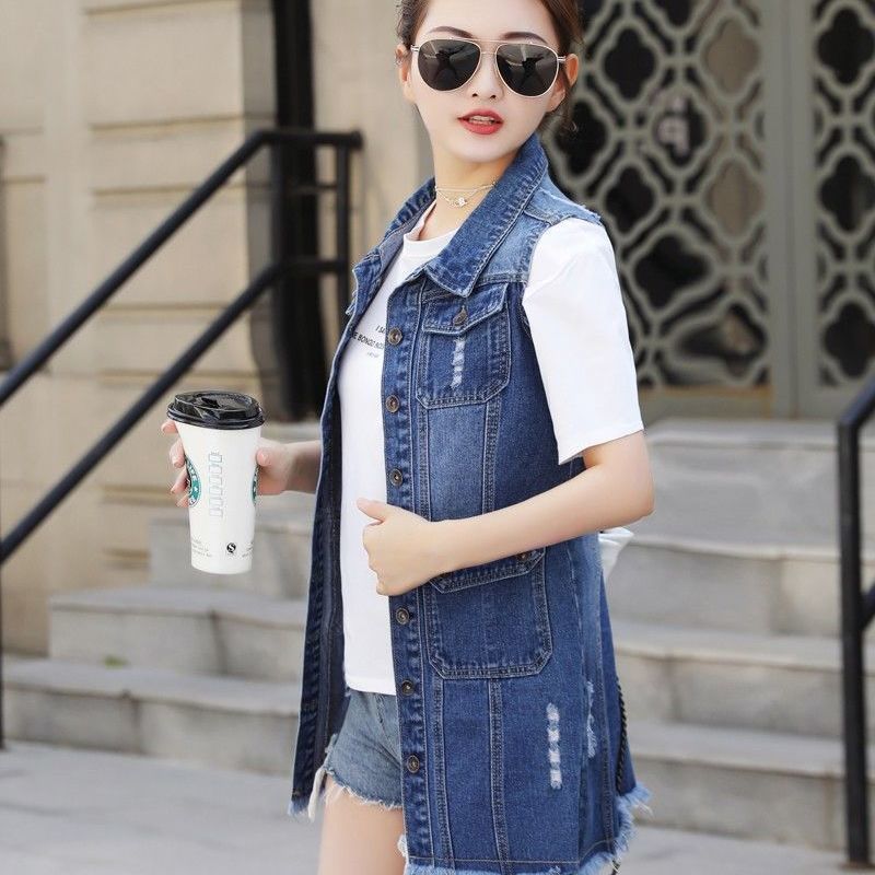 Women's Vests Women's Denim Tank Top SpringSummer Open Front Long Hole Jeans Tank Top Women's Fahion Sleeveless Casual Jacket Coat S-6X