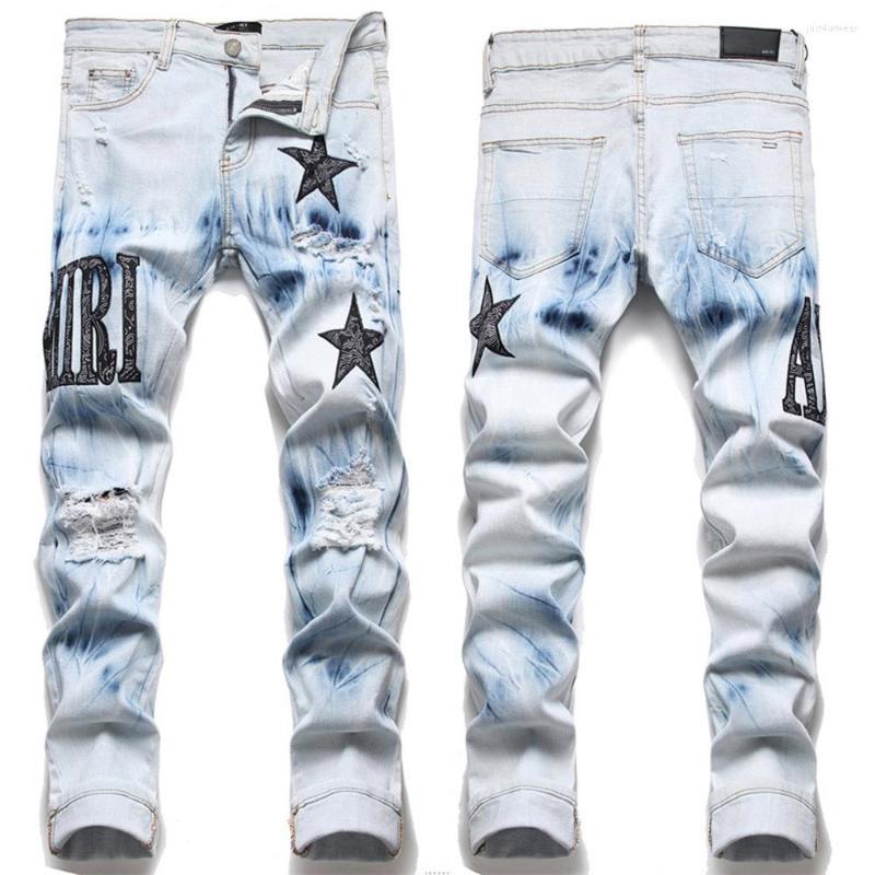 European Trend Jean Letter Star Jean Men Embroidery Patchwork Ripped Jeans Trend Brand Motorcycle Pant Mens Skinny Jeans