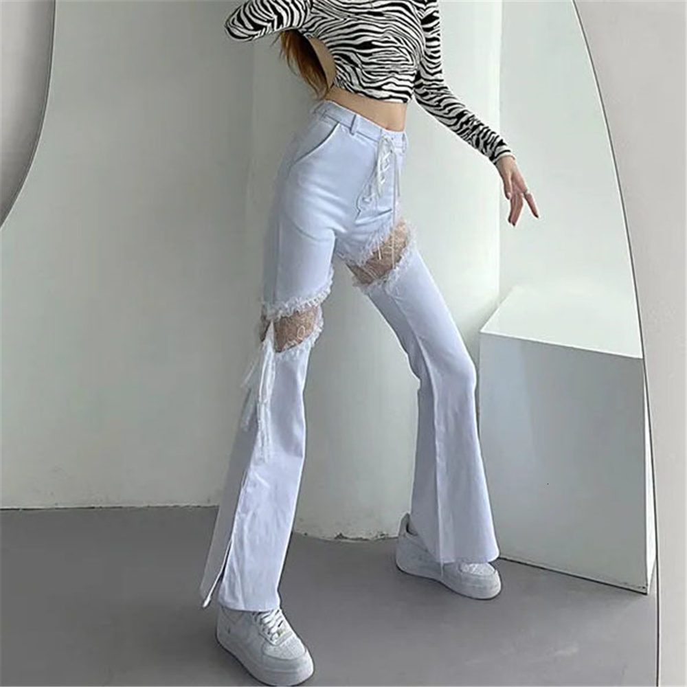 Womens Jeans Y2k Lace Stitching Hollow Out Side Slit Bandage High Waist Flared Slim Gothic Punk Streetwear Denim Pants Harajuku Trouser 230329