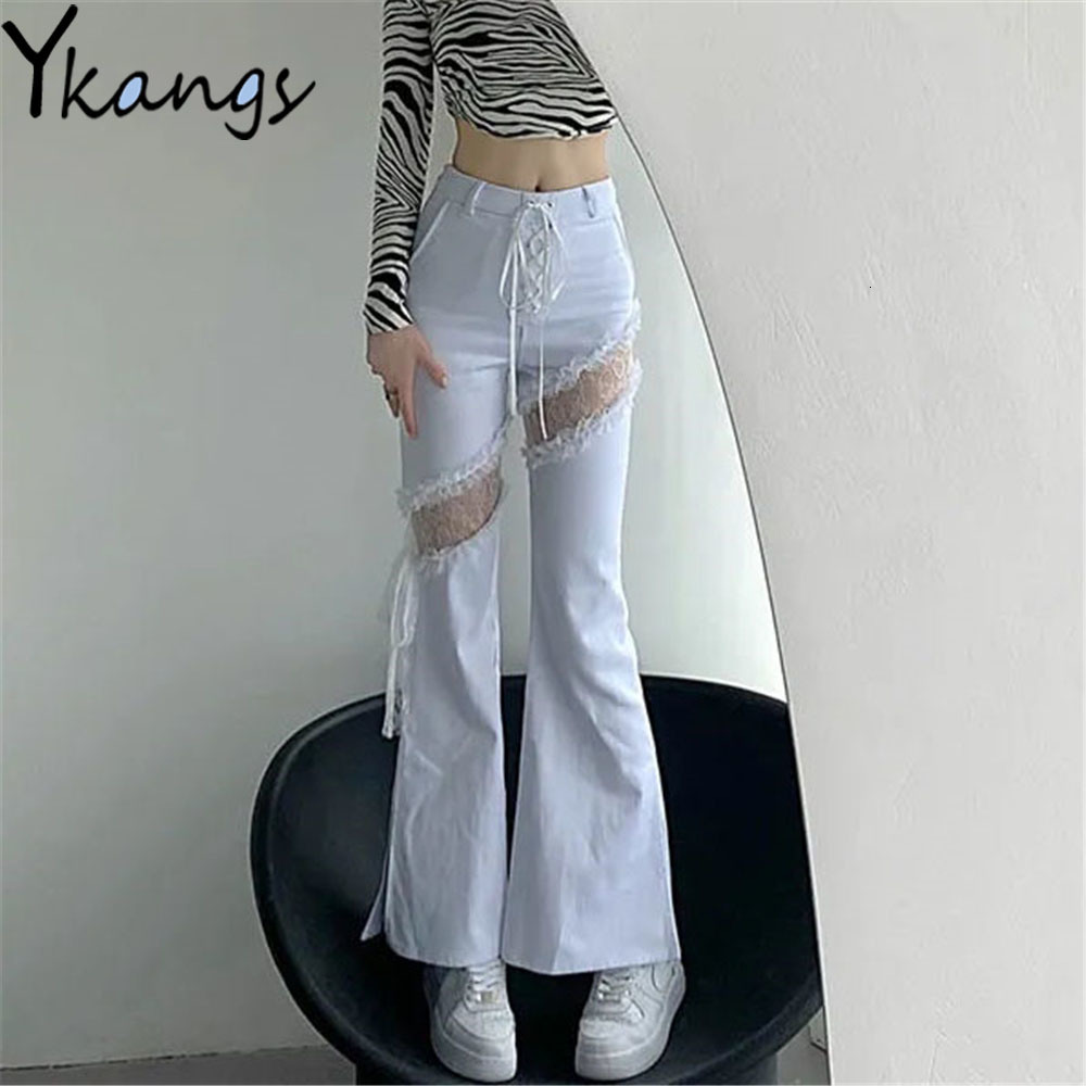 Womens Jeans Y2k Lace Stitching Hollow Out Side Slit Bandage High Waist Flared Slim Gothic Punk Streetwear Denim Pants Harajuku Trouser 230329