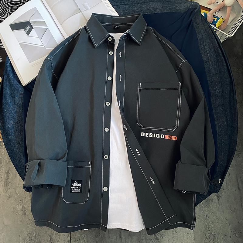 Men's Casual Shirts Men's long sleeved loose fitting Japanese summer hip-hop shirt Men's casual city boy Spring autumn letter printed p
