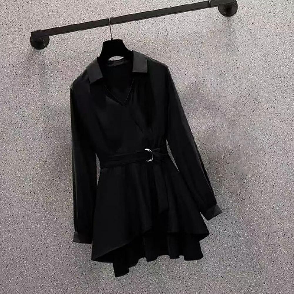 Women's Blouses Shirts Women's Shirt Dress Polo Collar VNeck Long Sleeve Irregular Hem Waist Tight Adjustable Belt Zipper Top Women's C