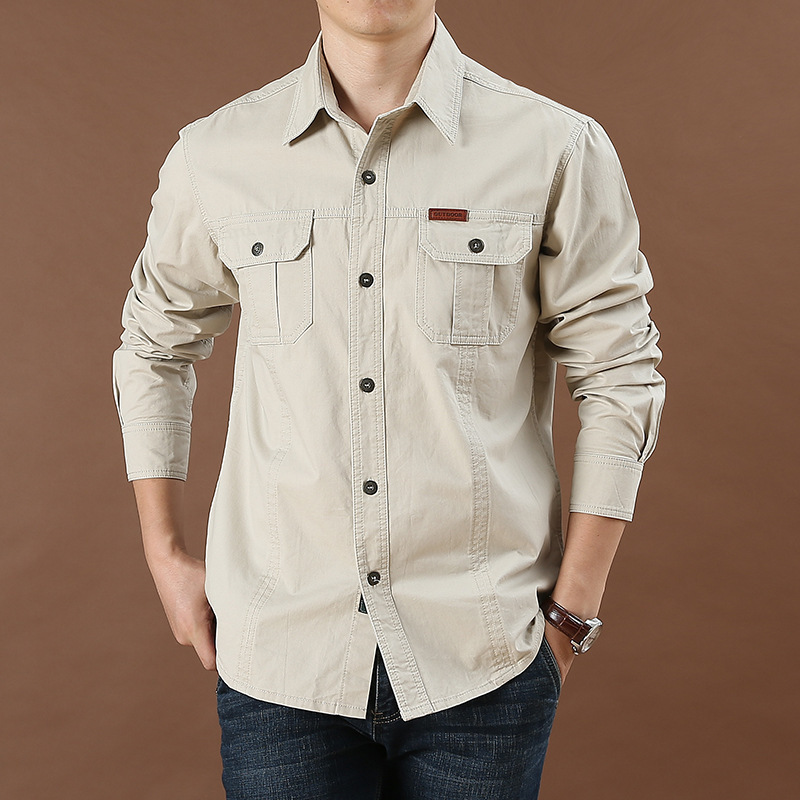 Men's Casual Shirts Men's Casual Loose Big Pocket Military Shirts solid Fashion Social Business Shirt men Spring Autumn men's long slee