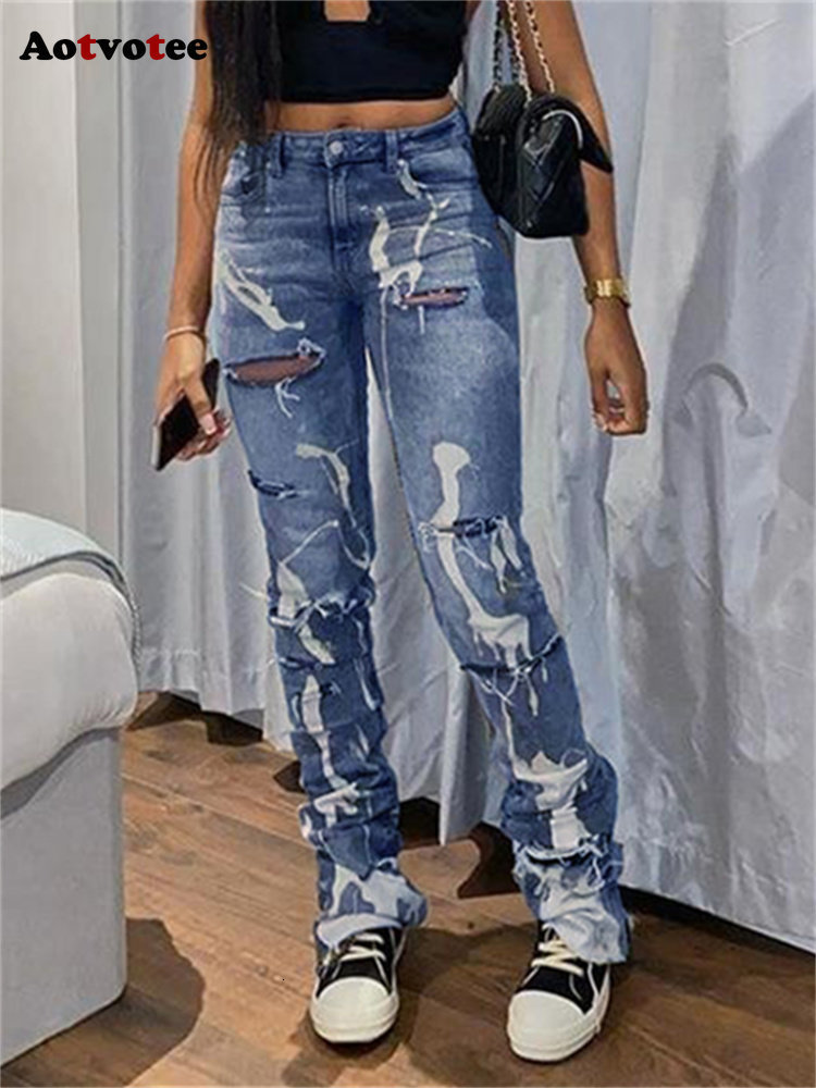 Womens Jeans Aotvotee Ripped for Women 2023 High Waisted Korean Fashion Streetwear Slim Vintage Pencil Strecth Casual 230329