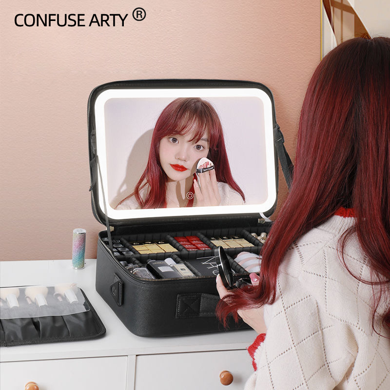 Cosmetic Bags Cases Smart LED Makeup bag With Mirror Large Capacity Professional Waterproof PU Leather Travel Case For Women 230329