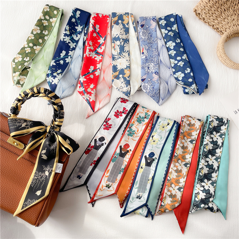 Headbands Print Solid Long Silk Satin Hair Scaf Fashion Neck Tie Ribbon Skinny Scarves Grils Hand Bag Wirst Belt Foulard Headwear 230328