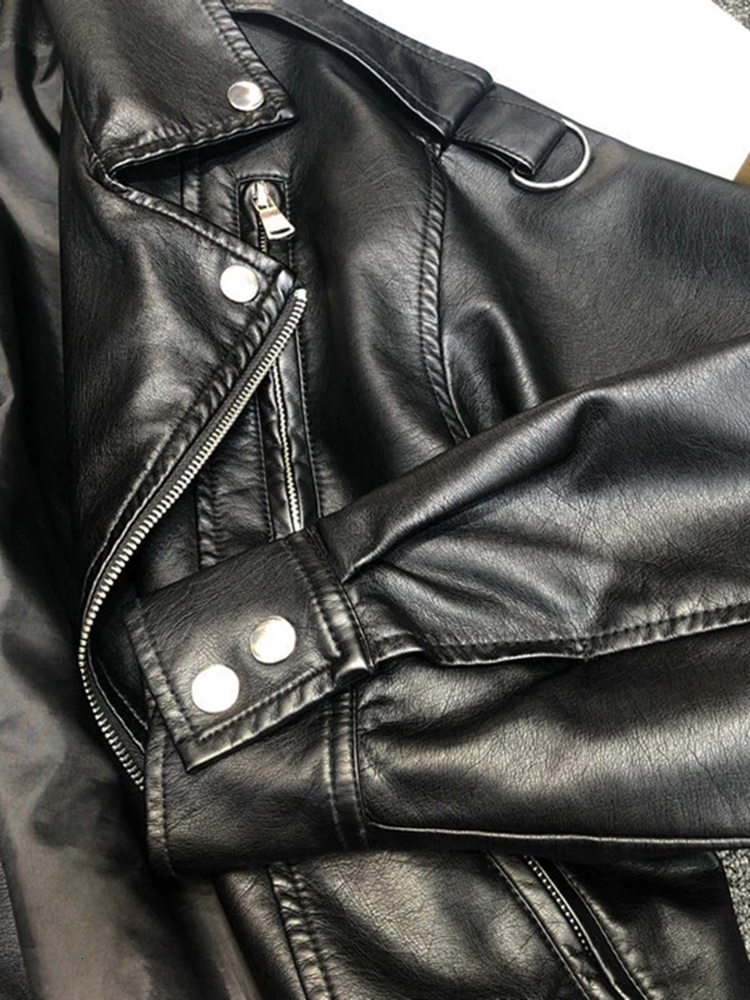 Women's Leather Faux Leather Sungtin Black PU Leather Jacket Women's with Ultrafine Belt Korea Loose Fit Motorcycle Artificial Leather Jacke