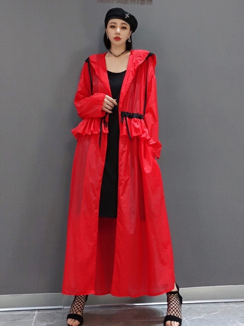 Women's Trench Coats Vefadisa 2023 Spring Summer Hooded Cardigan Loose Midlength Ruffle Splicing Solid Color Sunscreen Coat Women LHX3974 230329