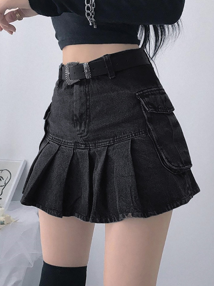 Skirts ALLNeon Mall Goth Y2K High Waist Jean Egirl Aesthetics Black Denim Pleated with Big Pockets Grunge Punk Outfits 230329