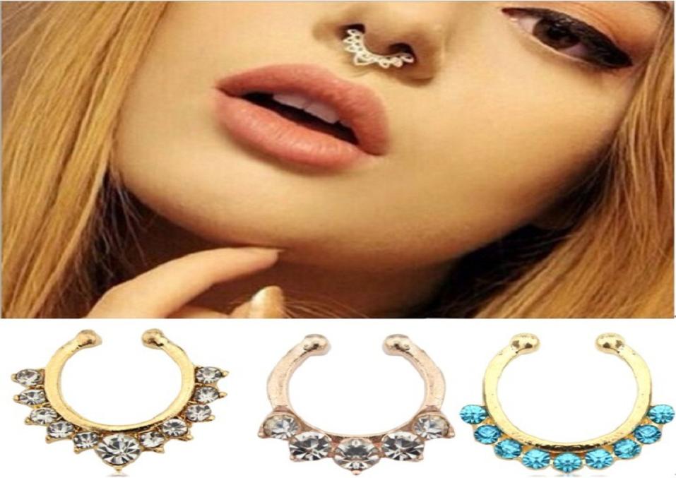 100pcslot Crystal fake septum Nose Rings piercing clip on body jewelry faux hoop Ladies nose Studs for women Fashion Jewelry