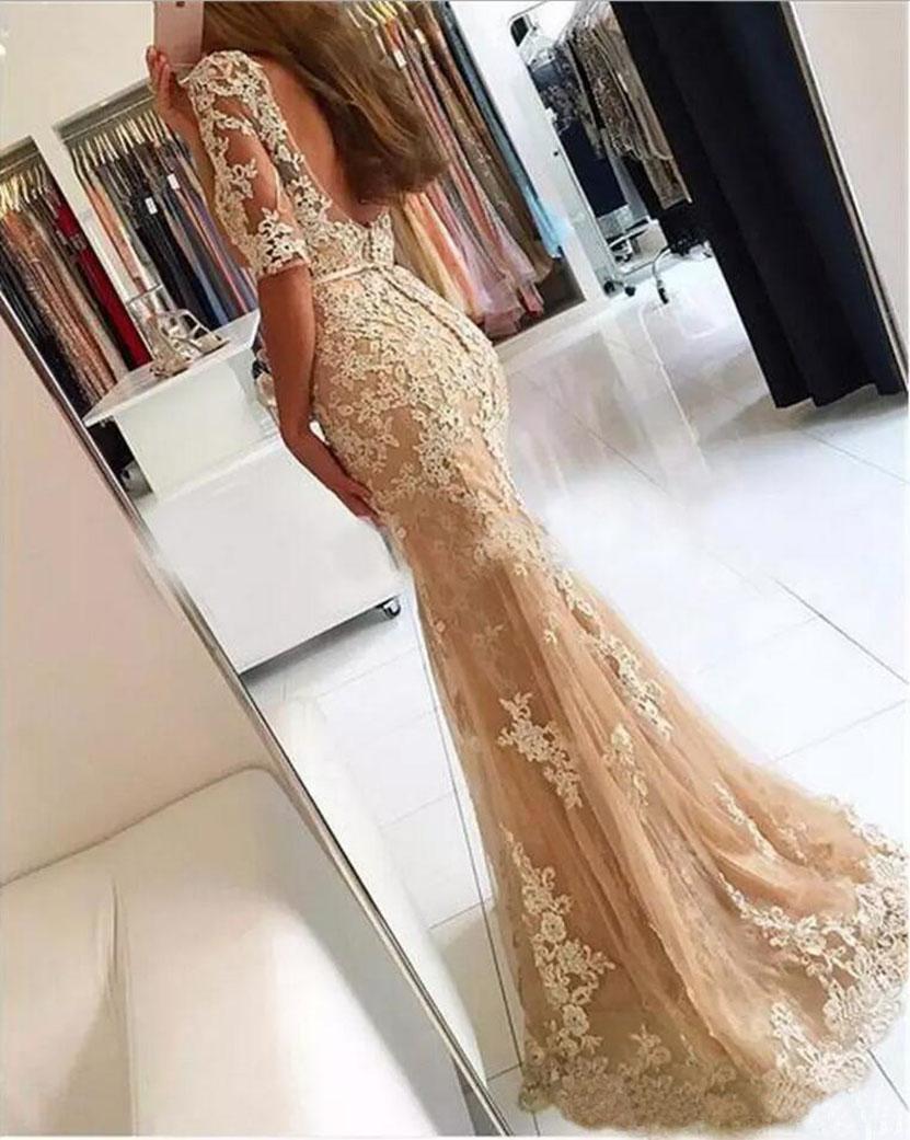 Formal Prom Party Gown Mermaid Evening Dresses Scoop With Half Sleeve Floor-Length Sweep Train Applique Lace long Backless Sexy Illusion