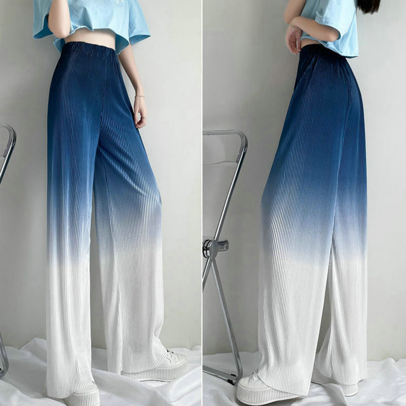 Women's Pants s Female Summer Ice Silk Gradient Color Wide Leg Pleated Large Size High Waist Drape Skirt Straight Beach 230329