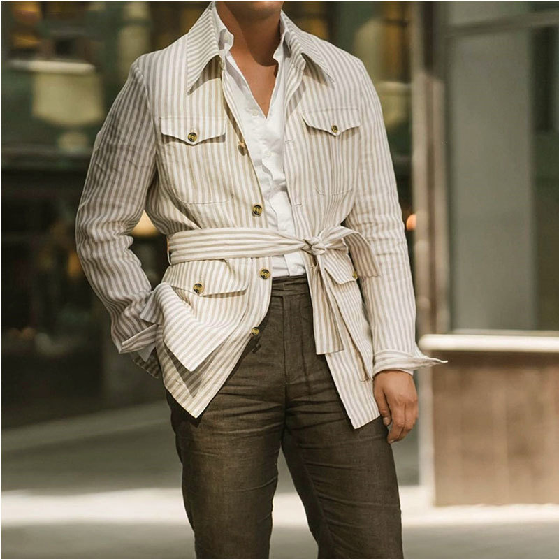 Men's Casual Shirts Men's Long Sleeve Striped Shirt Casual Streetwear Button Pocket Belted Shirt for Men Mid-length Men's Clothes S-5XL