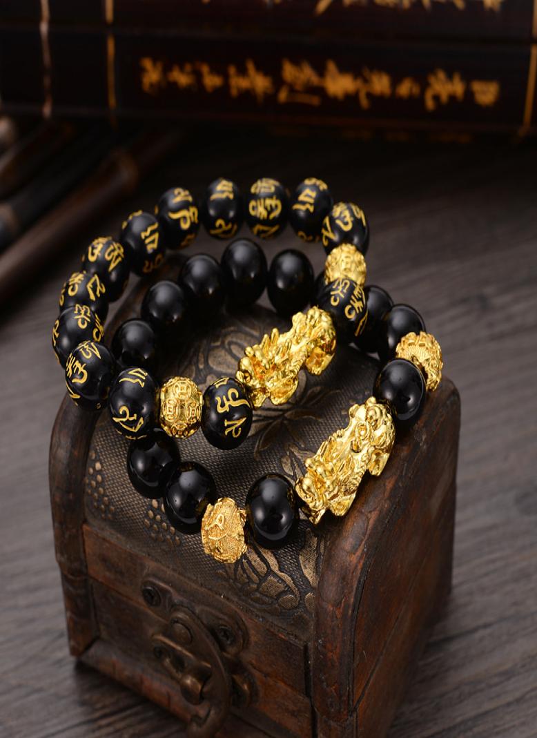 Bangle Feng Shui Obsidian Stone Beads Braceletes Men Women Unisex Wristband Gold Black Pixiu Wealth and Good Luck Women Bracelet 1