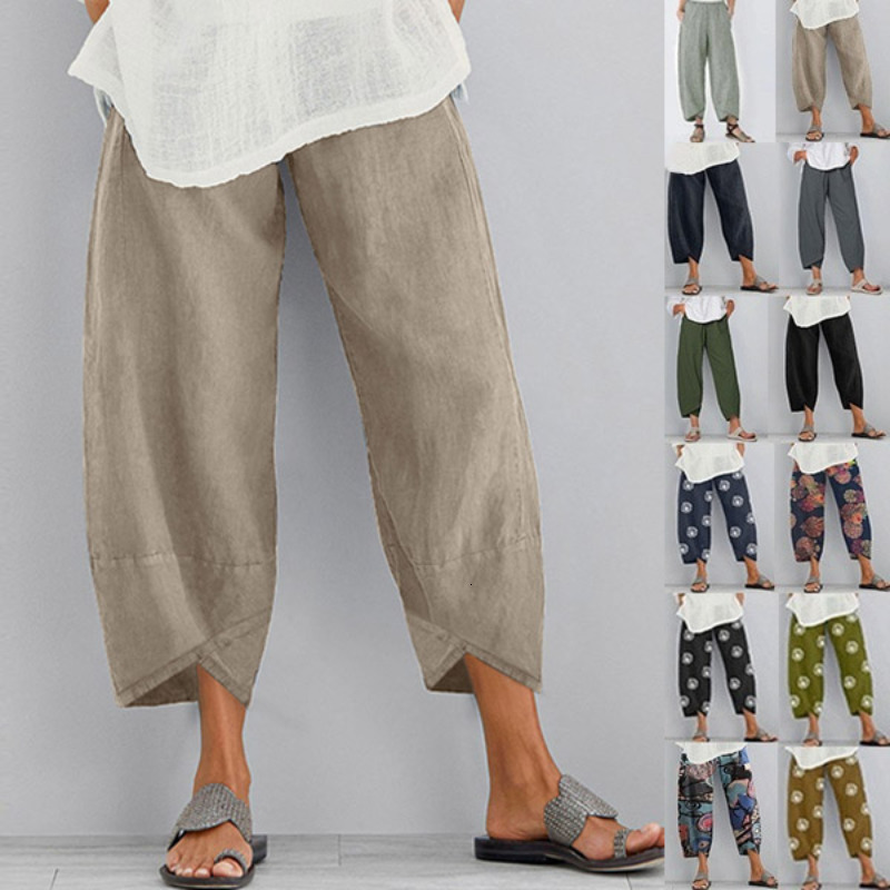 Women's Pants Capris Casual Cotton Linen Wide Leg Pants Women's Loose Comfortable Elastic Waist Back Pants Vintage Solid Summer Cut Pants Tr
