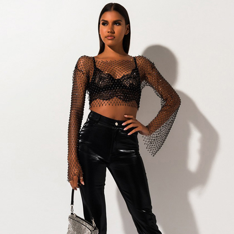 Womens TShirt DIRTYLILY Crystal Diamond See Through Crop Tops Summer Women Hollow Out Beachwear Shiny Sexy Fashion Party Club Top 230328