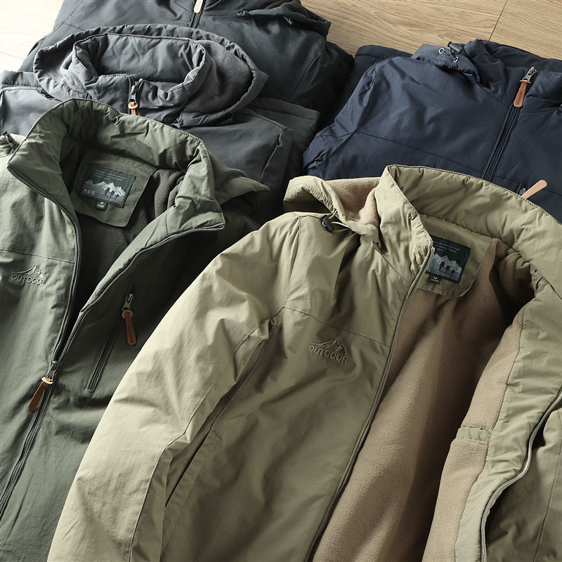 Men's Jackets Spring and Autumn Windbreaker Wool Lining Warm Hooded Jacket Men's Coat Waterproof Jacket Outdoor Hiking Jacket with Oversize 