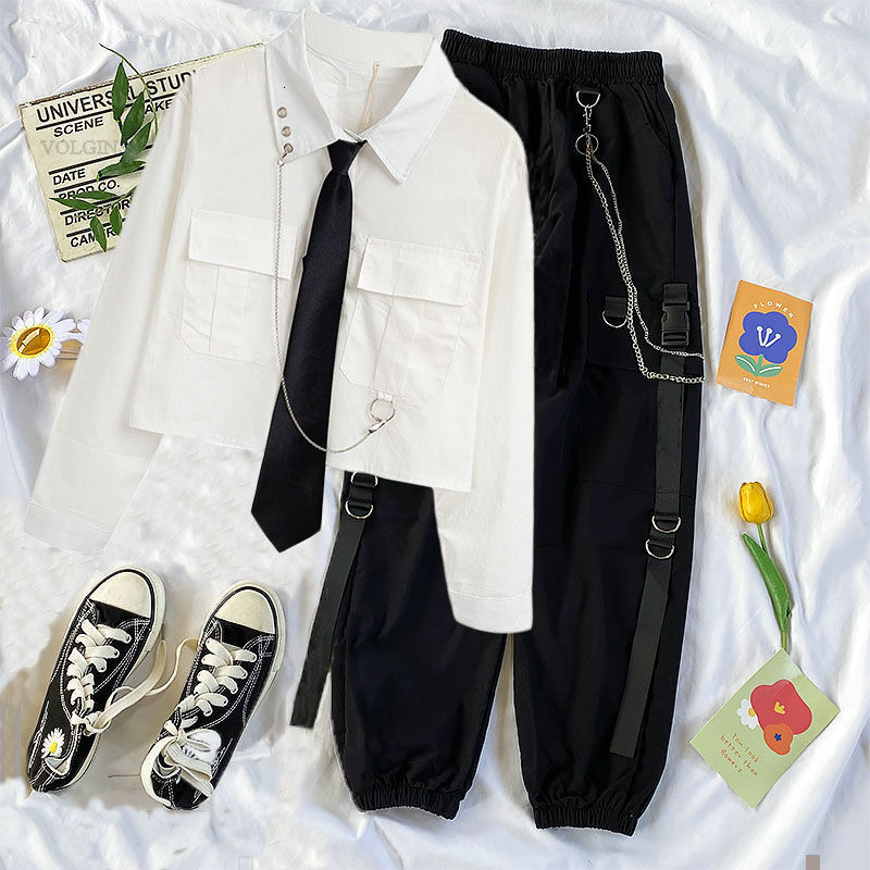 Women's Pants s Cargo Pant High Waist Jogger 2 Piece Suit Summer Short Sleeve Shirt Trousers Streetwear 230329