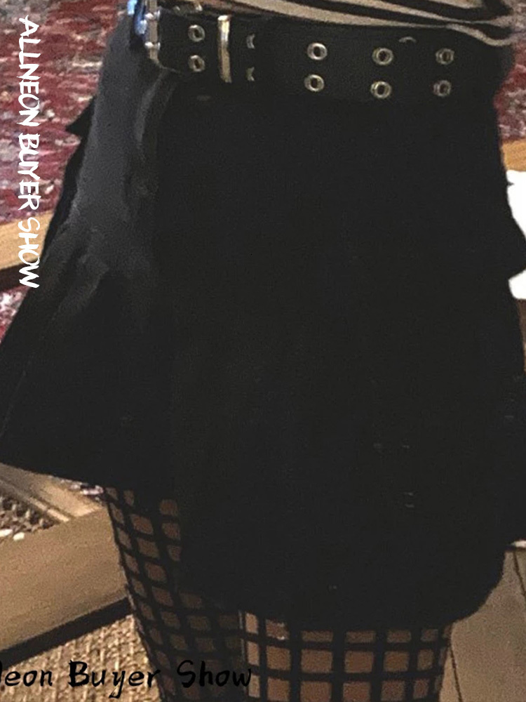Skirts ALLNeon Mall Goth Y2K High Waist Jean Egirl Aesthetics Black Denim Pleated with Big Pockets Grunge Punk Outfits 230329