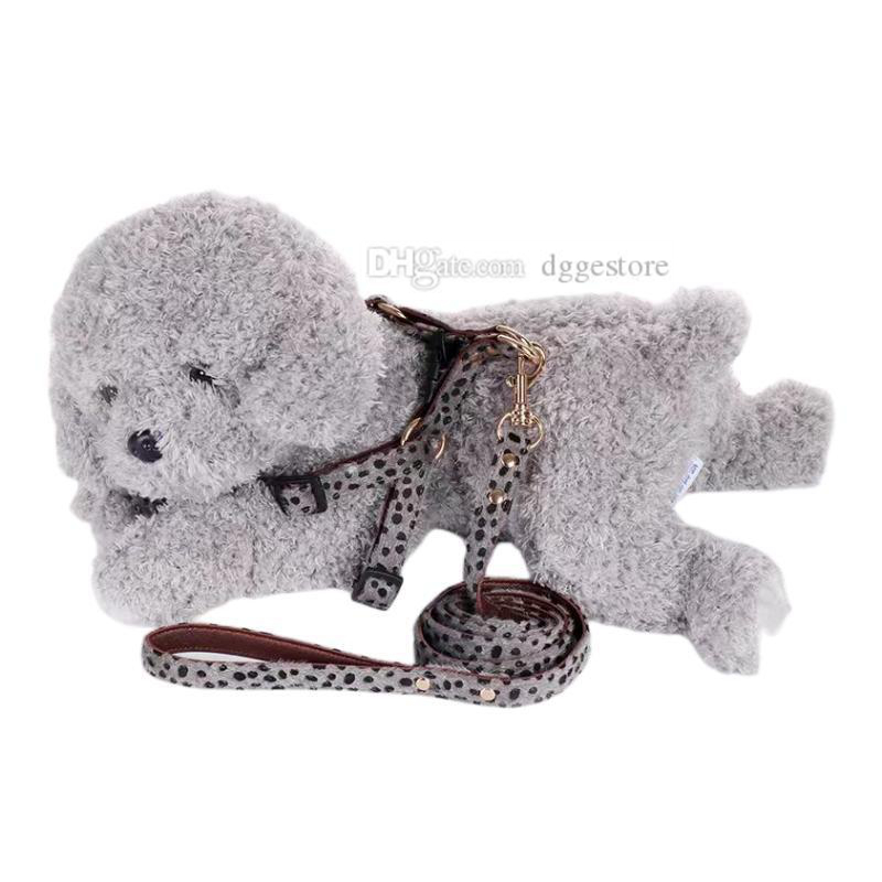 Leopard Print Collars Leash set Mohair and Leather Double Layer Durable No Pull Dog Harness Soft Adjustable Step in Puppy Vest for Small Dogs Outdoor 