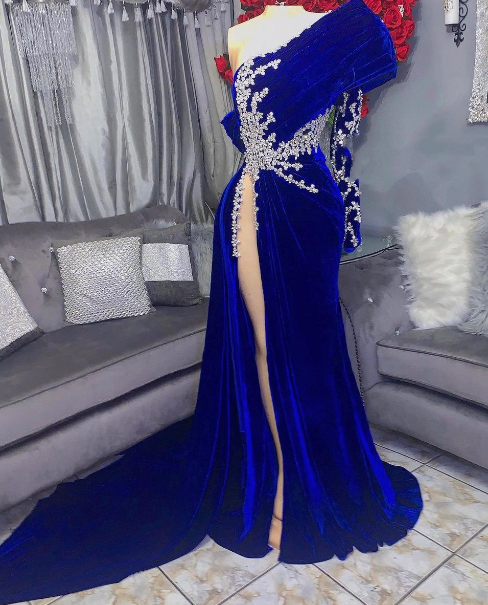 2023 Arabic Aso Ebi Royal Blue Prom Dress Beaded Crystals Sheath Evening Formal Party Second Reception Birthday Engagement Gowns Dresses Robe De Soire