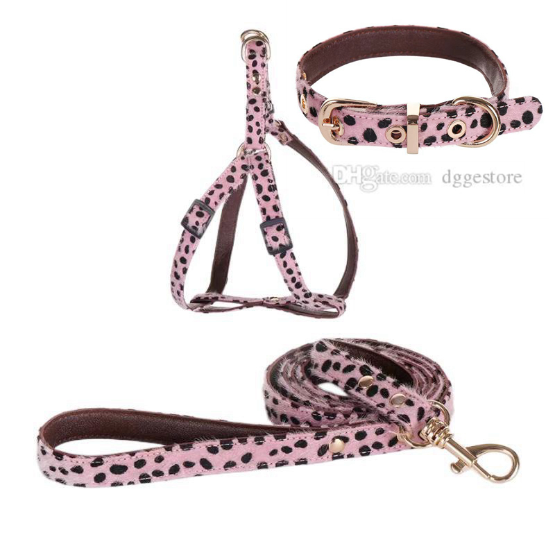 Leopard Print Collars Leash set Mohair and Leather Double Layer Durable No Pull Dog Harness Soft Adjustable Step in Puppy Vest for Small Dogs Outdoor 