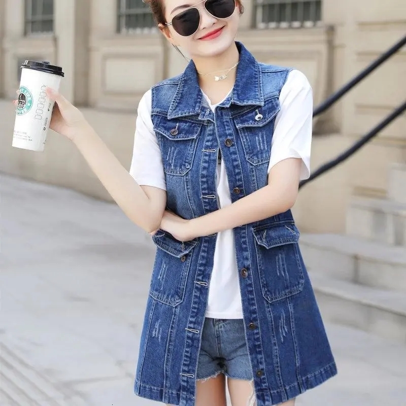 Women's Vests Women's Denim Tank Top SpringSummer Open Front Long Hole Jeans Tank Top Women's Fahion Sleeveless Casual Jacket Coat S-6X