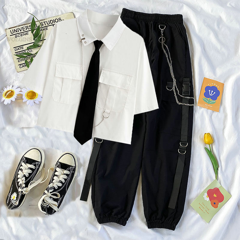 Women's Pants s Cargo Pant High Waist Jogger 2 Piece Suit Summer Short Sleeve Shirt Trousers Streetwear 230329