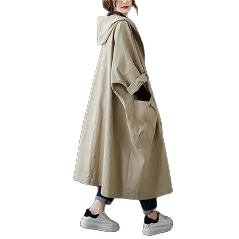 Women's Trench Coats 2023 Spring And Autumn Loose Over The Knee Long Pocket Casual Joker Windbreaker Women Hooded Jacket 230329