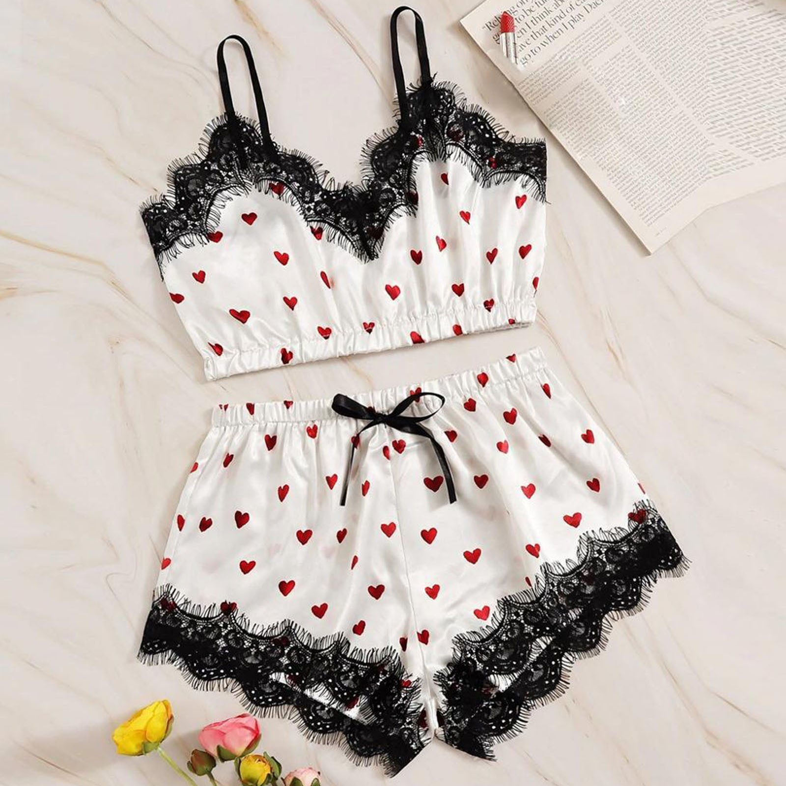 Women's Sleepwear 2PCS Women's Nightwear Sexy Satin Nightwear Set Sweet Print Camisol Nightwear Lace V-Neck Nightwear Sleeveless Camisol Top