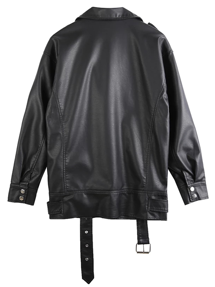 Women's Leather Faux Leather Sungtin Black PU Leather Jacket Women's with Ultrafine Belt Korea Loose Fit Motorcycle Artificial Leather Jacke