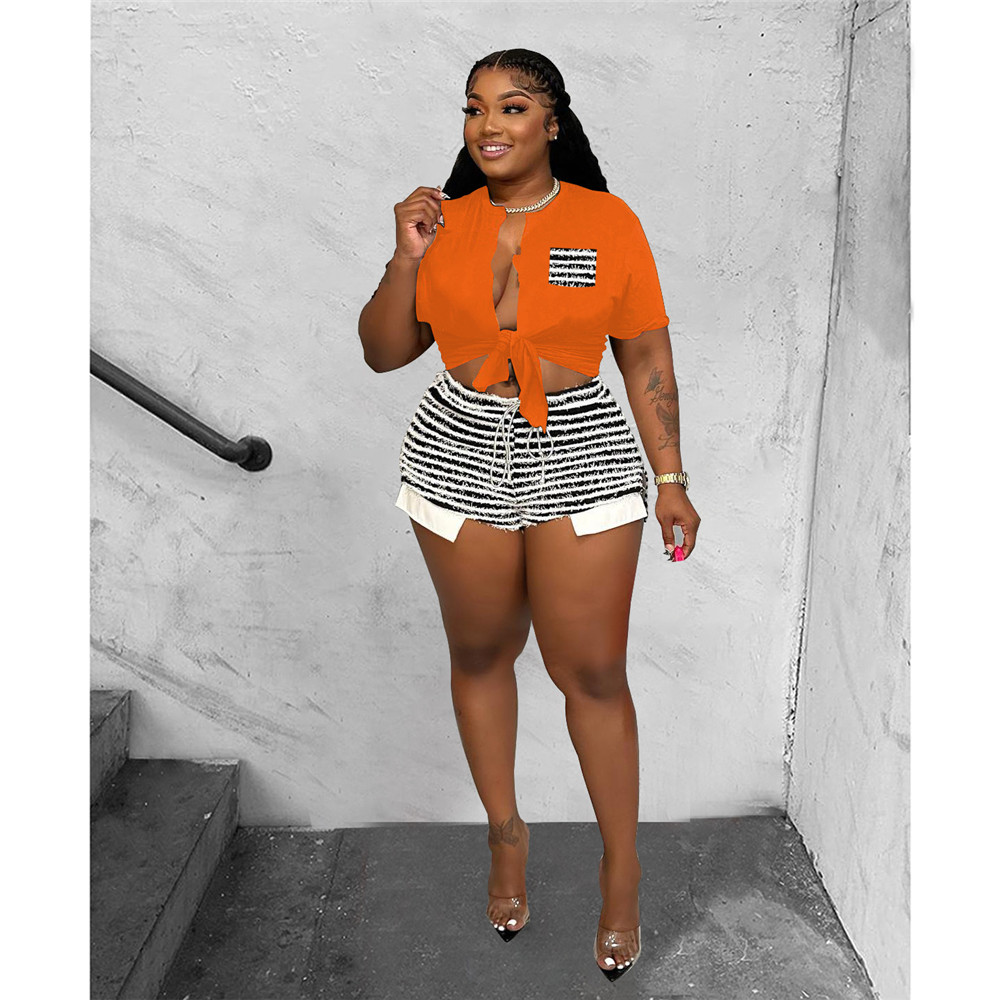 2023 Designer Summer Tracksuits Two 2 Piece Sets Women Outfits Short Sleeve Bandage Shirt and Striped Shorts Matching Sportswear Jogger Suits Wholesal
