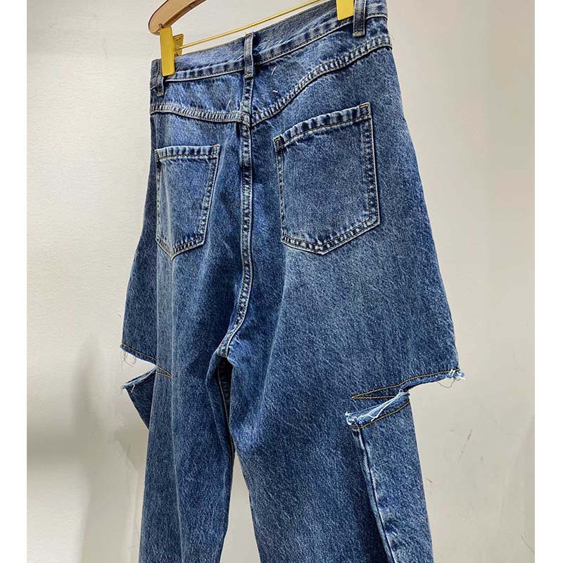Women's Jeans Cosmicchic Women Straight ripped Casual Knife Cut Hole Loose Pants High Waist Street Retro Denim Trousers Female 230330