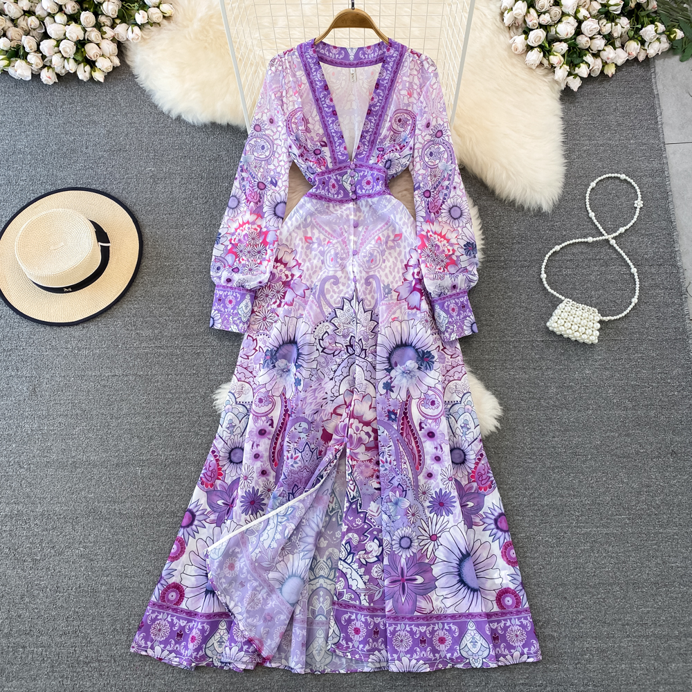 Spring and Autumn High Grade Light Mature Dress Vintage Style Deep V-Neck Waist Wrapped Slim A-Line Dress High Waist Large Swing Long Dress