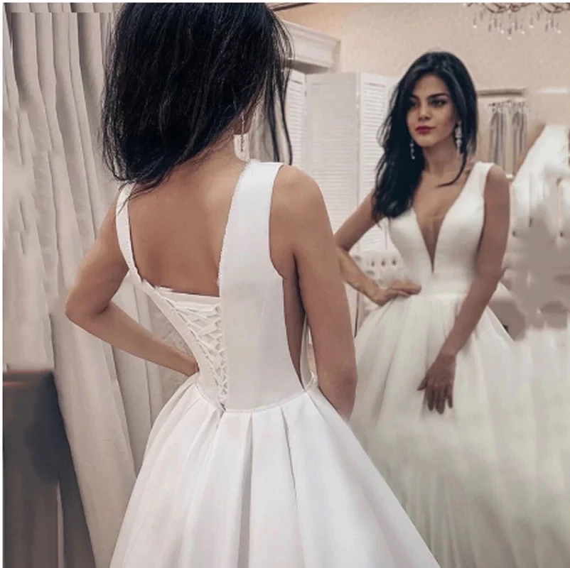 Wedding Dresses Deep V-neck Elegant Satin Robe De Mariee Bride To Be Long Bride Gowns Vestido De Novia