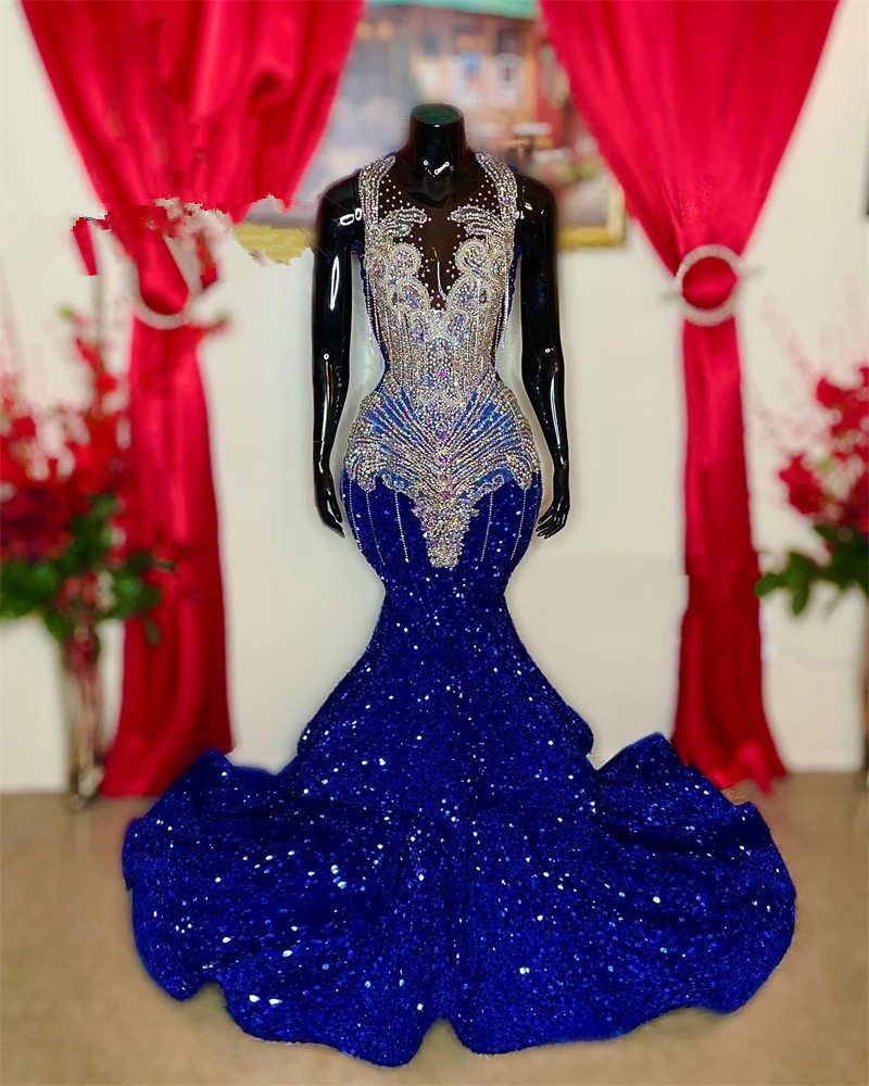 Sparkly Royal Blue O Neck Long Prom Dresses For Black Girls 2023 Sequined Gillter Mermaid African Aso Ebi Evening Occasion Gown