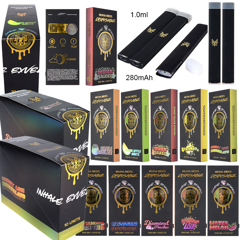 Muha Meds 1.0ml Disposable Vape Pens 1000mg Rechargeable Empty Device Pods Starter Kits 280mAh Bars Electronic Cigarettes With Box Pack 10 Flavors
Muha Meds 1.0ml Disposable Vape Pens 1000mg Rechargeable Empty Device Pods Starter Kits 280mAh Bars Electronic Cigarettes With Box Pack 10 Flavors