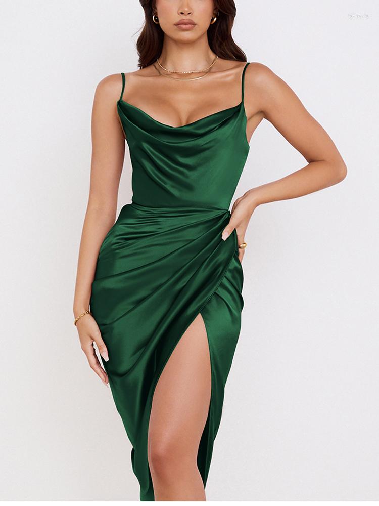 

Casual Dresses 2023 Summer Satin Dress Split Adjustable Strap Ruched Cowl Neck Zipper Female Party Elegant Sexy Woman Vestidos, Army green