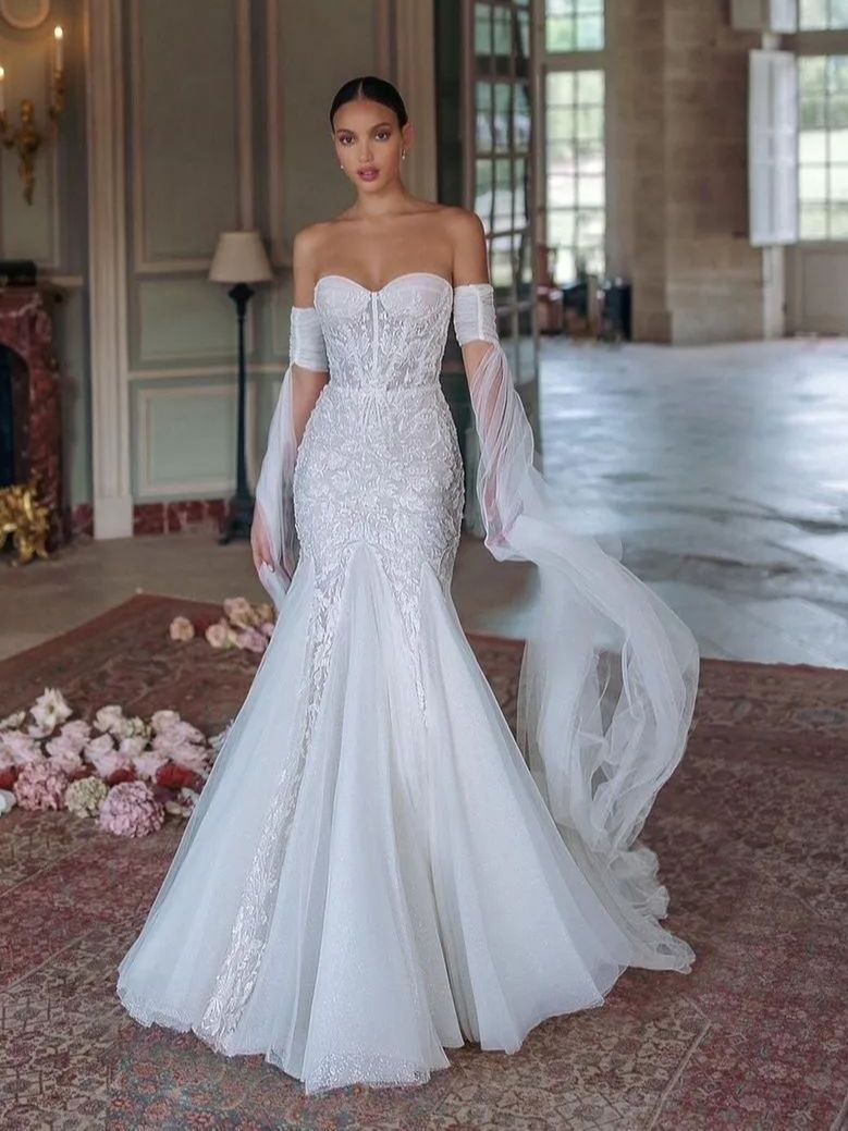 Princess Mermaid Wedding Dresses 2023 Off Shoulder Long Sleeve Vestido De Novia Lace Sequins SweepTrain Robe De Mariee
