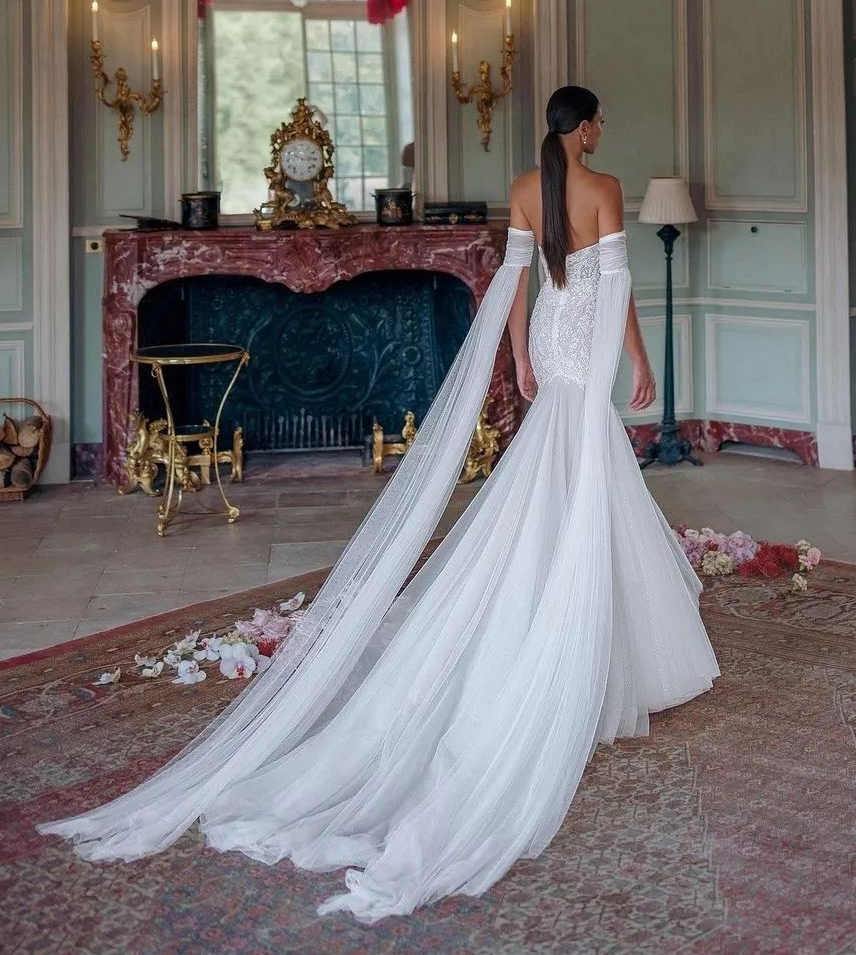 Princess Mermaid Wedding Dresses 2023 Off Shoulder Long Sleeve Vestido De Novia Lace Sequins SweepTrain Robe De Mariee
