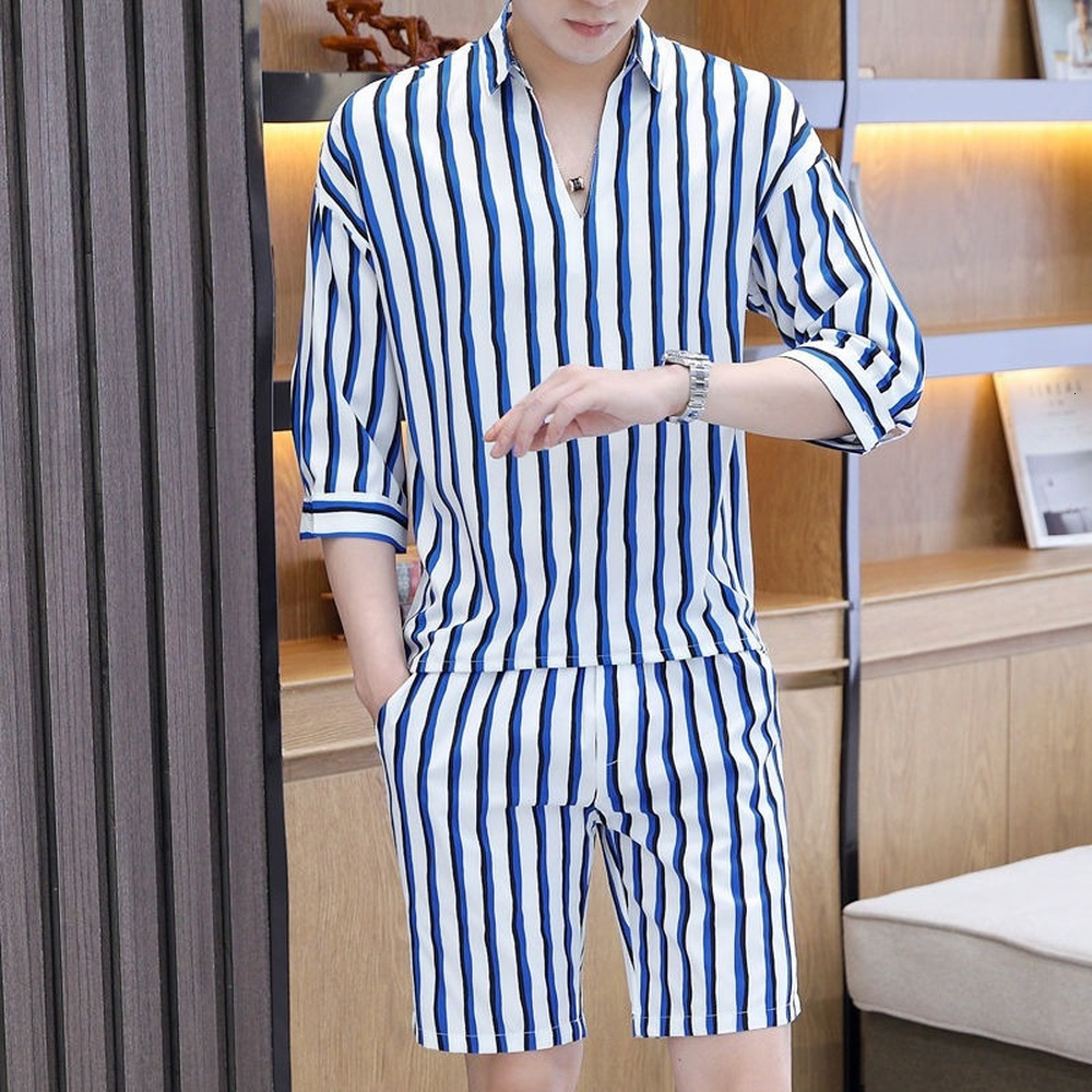 Men's Tracksuits 2-Piece Men's Fashion Vertical Stripe Pattern Casual Wear Summer Men's Shorts Set Street Fashion 230330