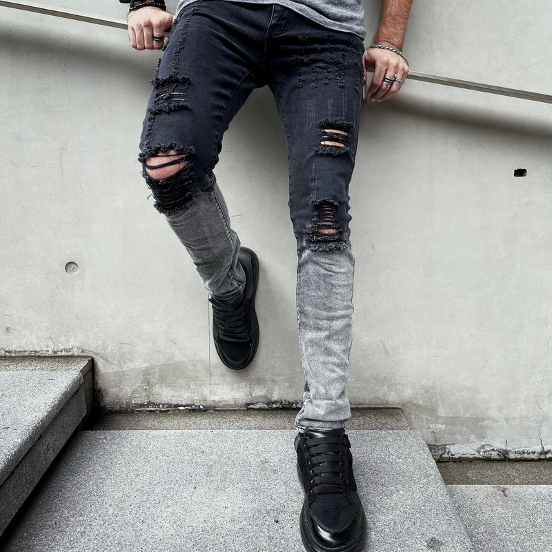 Men's Jeans Casual Denim Slim Zipper Black Hole Painted White Stretch Pencil Pants Ripped For Straight Full Length 230330