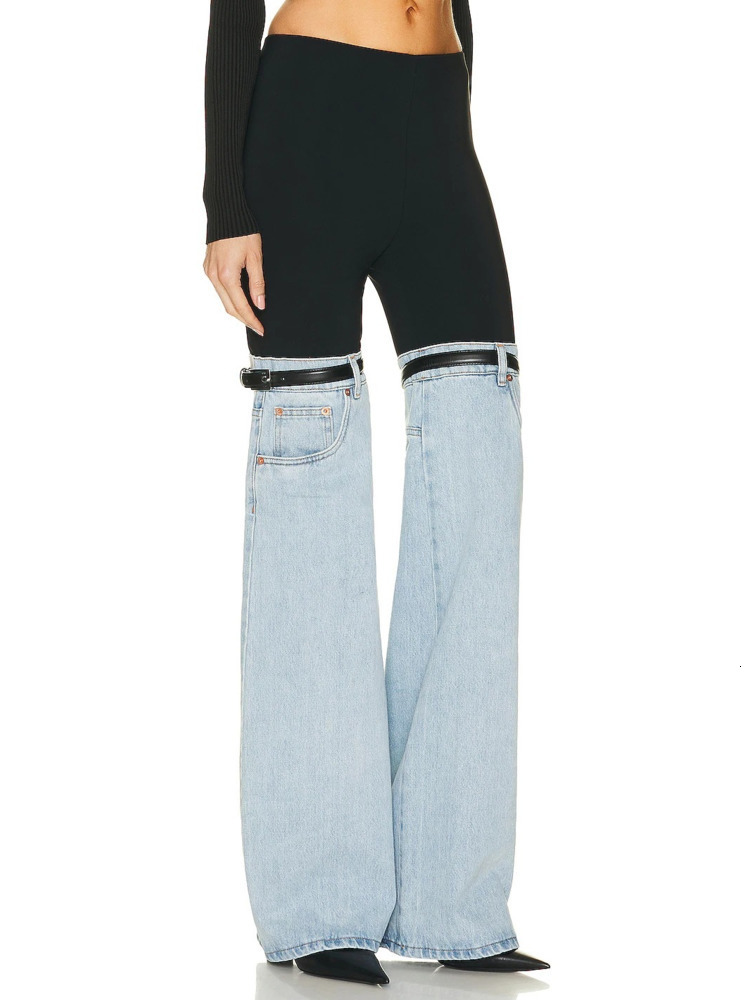 Women's Jeans DEAT Fashion High Waist Straight Patchwork PU Leather Buckle Streetwear Denim Pants Spring 2023 Trend 17A2013H 230330