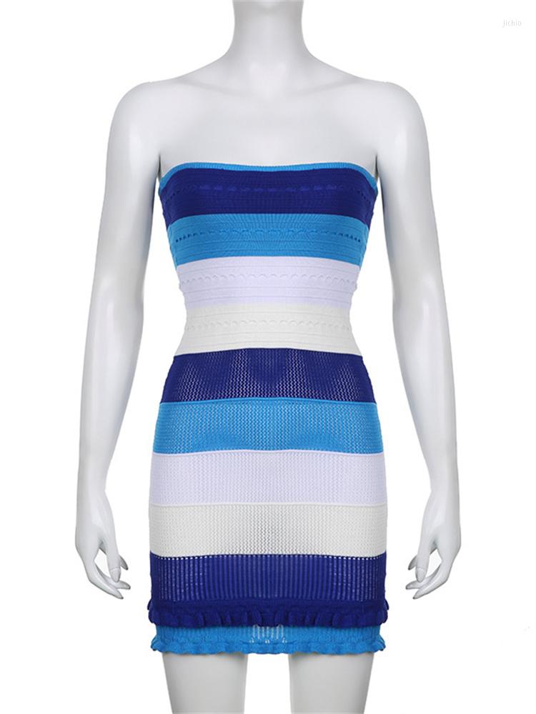Casual Dresses Thorn Tree Women Summer Knitted Slim Dress Contrast Color Striped Strapless Off Shoulder Short Mini Pencil Beach Vestidos