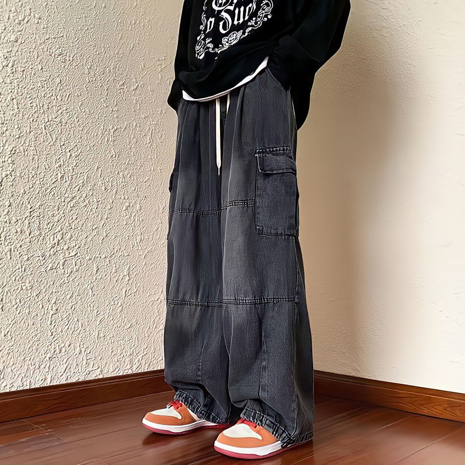 Men's Jeans Black Kpop Cargo Pants Men Hip Hop Grunge Punk Japanese Streetwear Vintage Y2k Korean Style Straight Wide Leg Trousers 230330