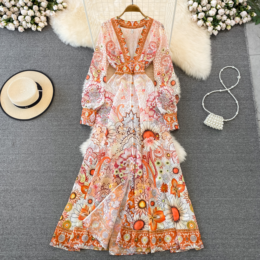 Spring and Autumn High Grade Light Mature Dress Vintage Style Deep V-Neck Waist Wrapped Slim A-Line Dress High Waist Large Swing Long Dress