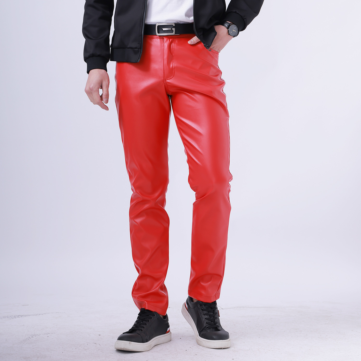 Men's Jeans Idopy Men's Faux Leather Pants Stretchy Slim Fit Office Business Casual Summer Thin PU Trousers For Male 230330